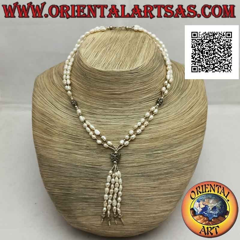 Zweireihiges Collier aus Süßwasserperlen und 925 ‰ Silberkugeln mit Blumen, Schmetterling und Büschel