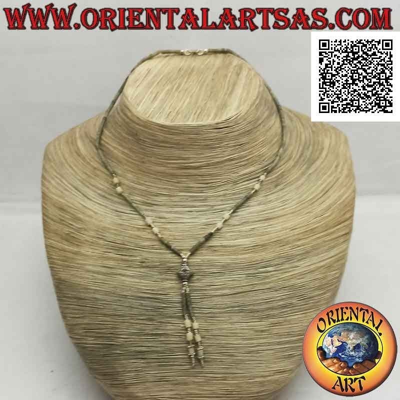 Collier ras de cou de tubes de jade brut vert et blanc et argent 925 ‰ enfilé d'une touffe (losange)