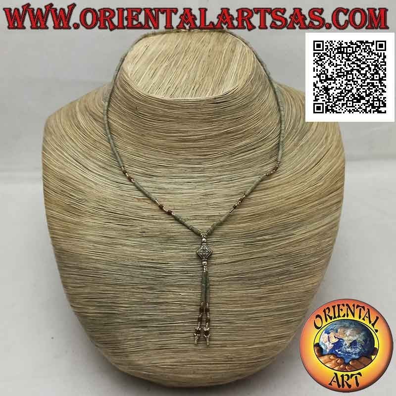Gargantilla de tubos de jade crudo verde y marrón y plata 925 ‰ ensartada con un mechón (rombo)