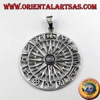 Silber Anhänger, Kompass mit Windrose und Zodiac