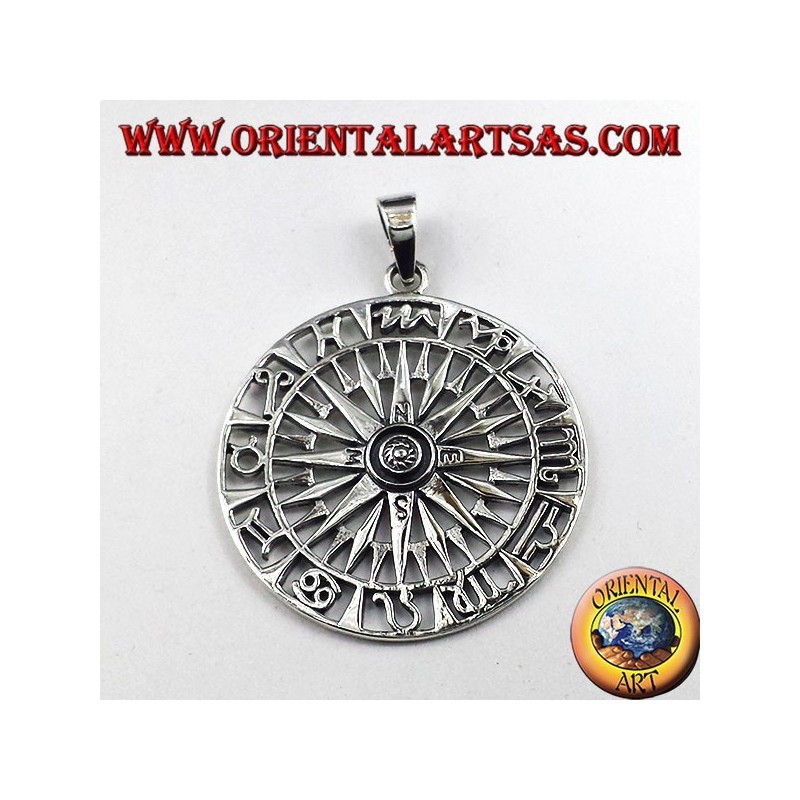 silver pendant, compass with wind rose and Zodiac