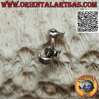 Mini silver earring, the duck with the long neck and the bow tie
