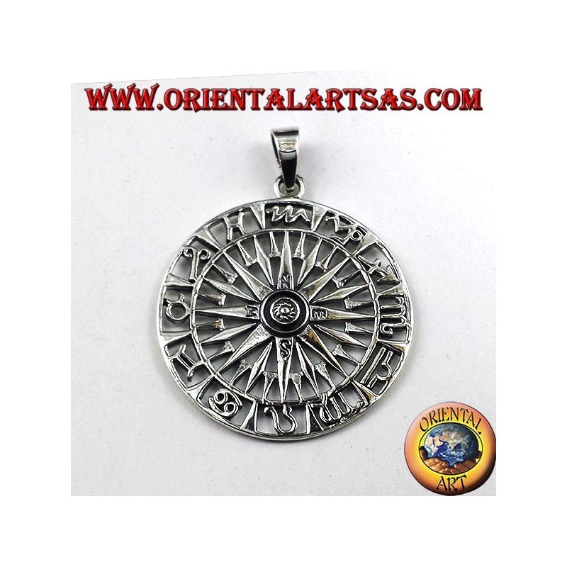 Ciondolo in argento bussola con rosa dei venti e zodiaco 