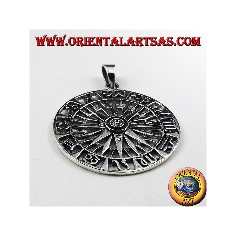 pendentif en argent, boussole avec rose des vents et Zodiac