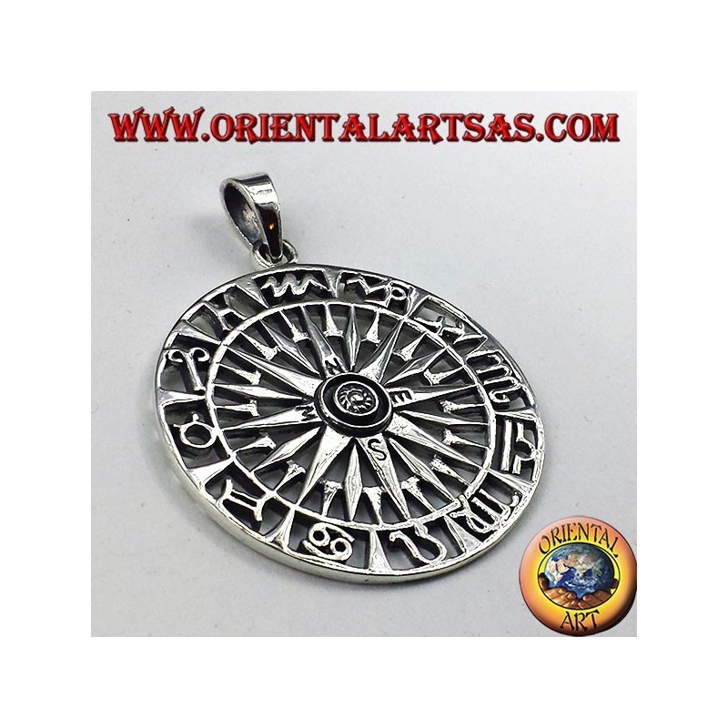 colgante de plata, brújula con rosa de los vientos y Zodiac