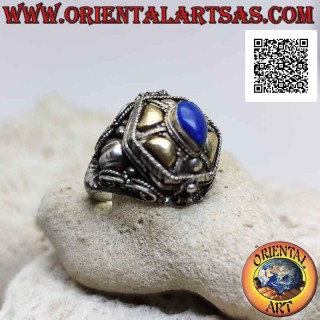 Silberner Boxring - Gifthalter mit Tropfen Lapislazuli und Goldplättchen
