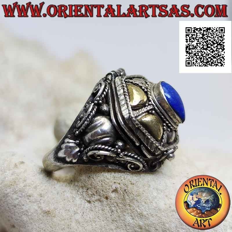 Bague boîte en argent - porte-poison avec lapis-lazuli en forme de larme et plaquettes d'or