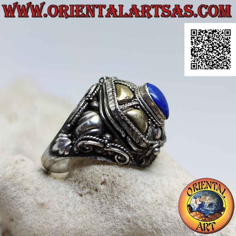 Silberner Boxring - Gifthalter mit Tropfen Lapislazuli und Goldplättchen