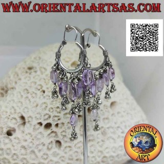 Silver earrings, 22 mm worked circle with teardrop amethyst and hanging balls
