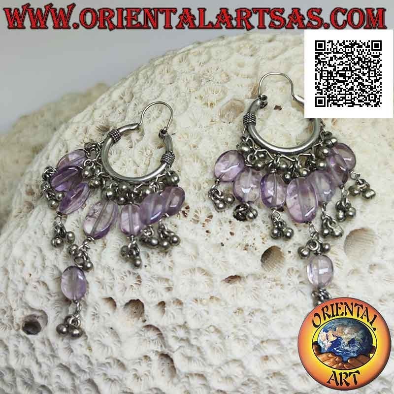 Silver earrings, 22 mm worked circle with teardrop amethyst and hanging balls
