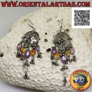Pendientes escudo de plata con colgantes de amatista, topacio y cristal de roca