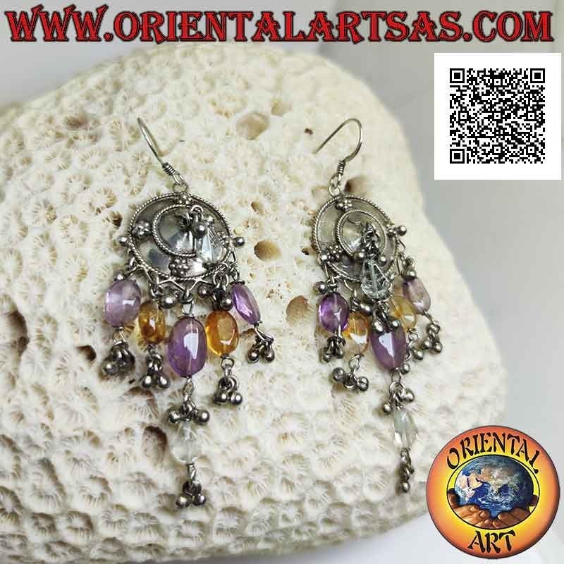 Silberne Schildohrringe mit Amethyst-, Topas- und Bergkristall-Anhängern