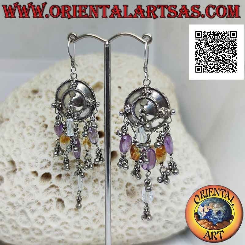 Silver shield earrings with amethyst, topaz and rock crystal pendants