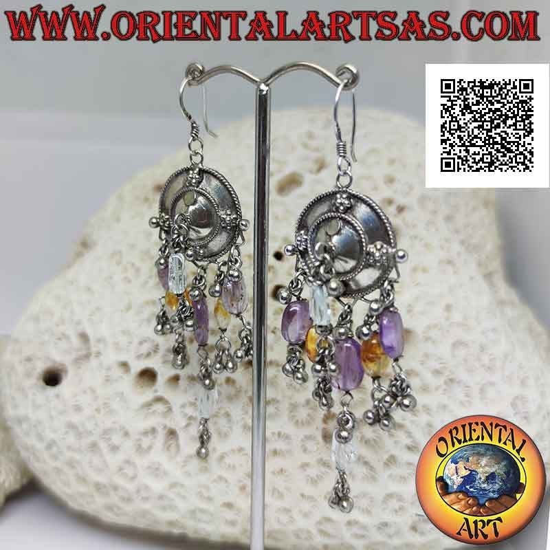 Pendientes escudo de plata con colgantes de amatista, topacio y cristal de roca