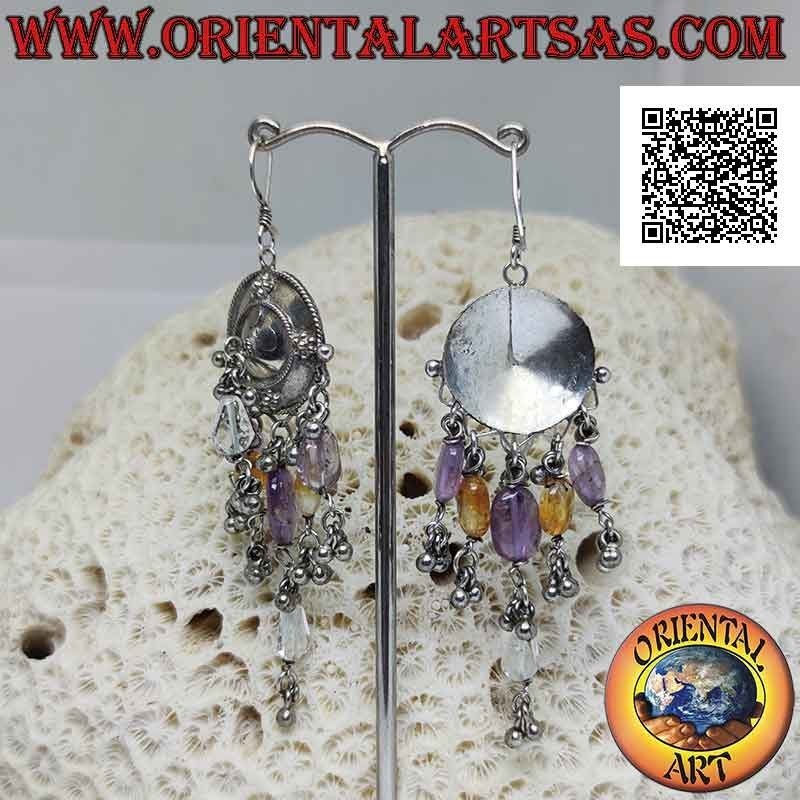 Pendientes escudo de plata con colgantes de amatista, topacio y cristal de roca