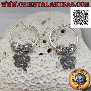 Silver squared circle earrings (Karen) with removable inserts and pendant flower