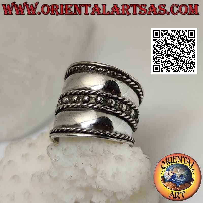 Wide band silver ring with small central studs, Bali