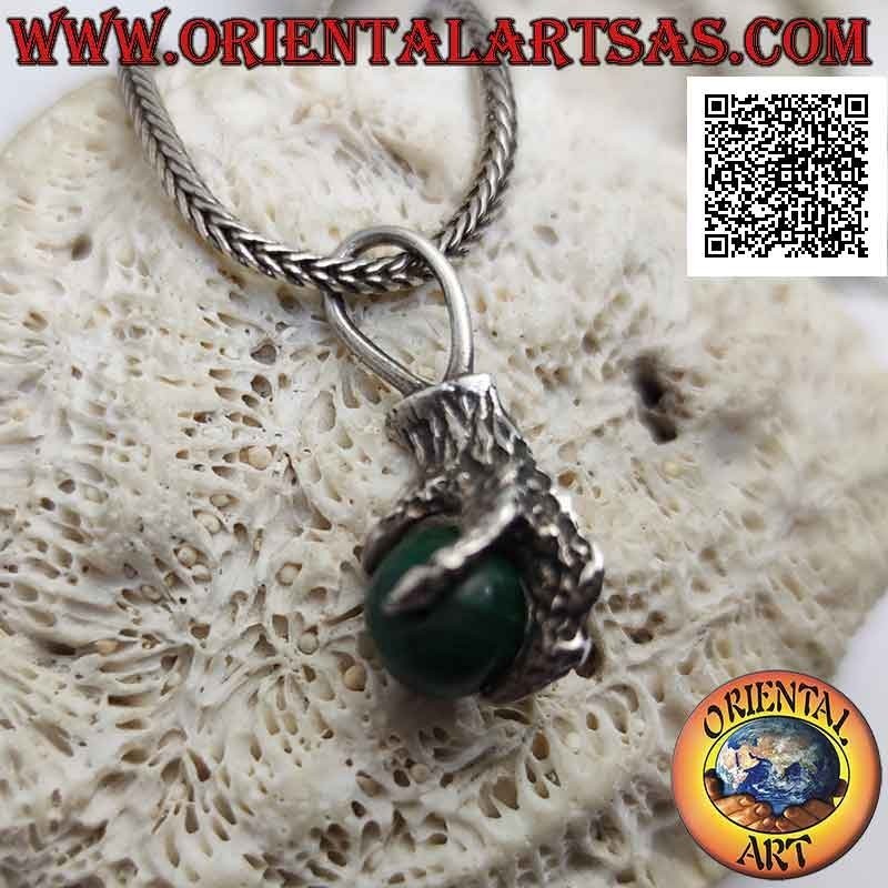 Ciondolo in argento, sfera di malachite afferrata da una zampa di quattro artigli