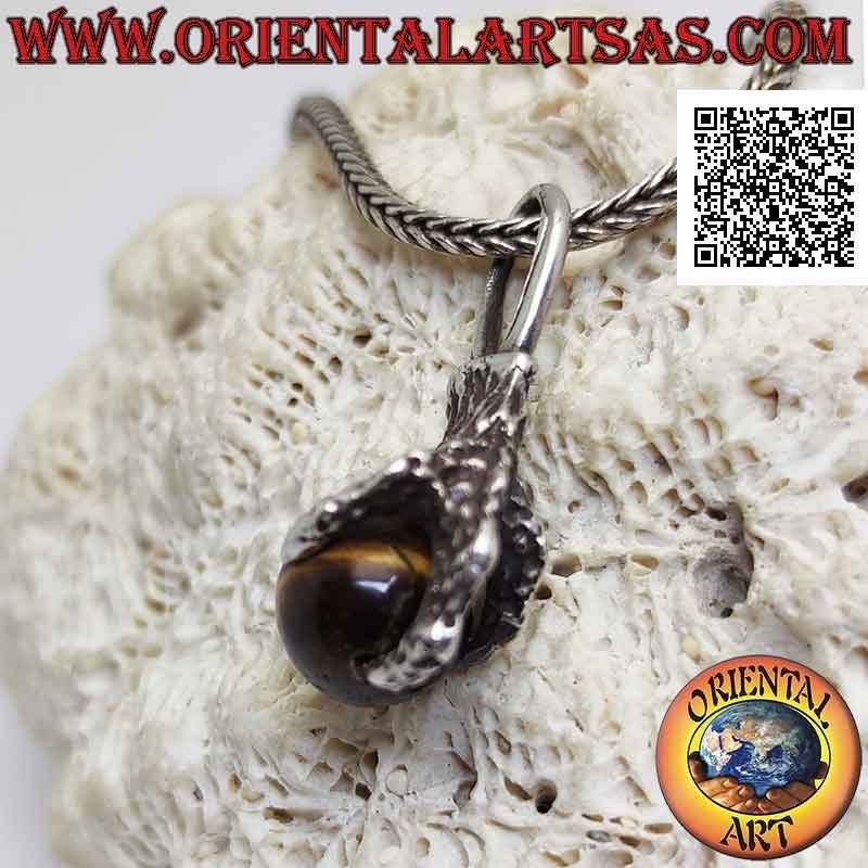 Pendentif en argent, boule oeil de tigre saisie par une patte à quatre griffes