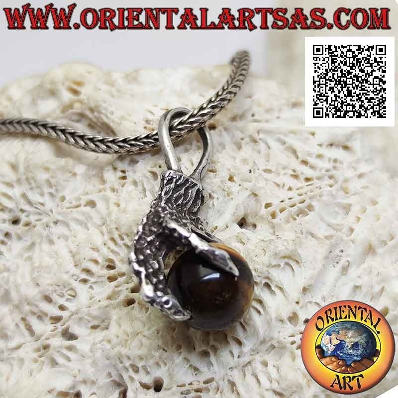 Ciondolo in argento, sfera di occhio di tigre afferrata da una zampa di quattro artigli