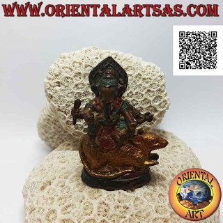 Escultura de ganesh "el dios elefante" sentado en el ratón gigante, latón pintado a mano 7,5 cm