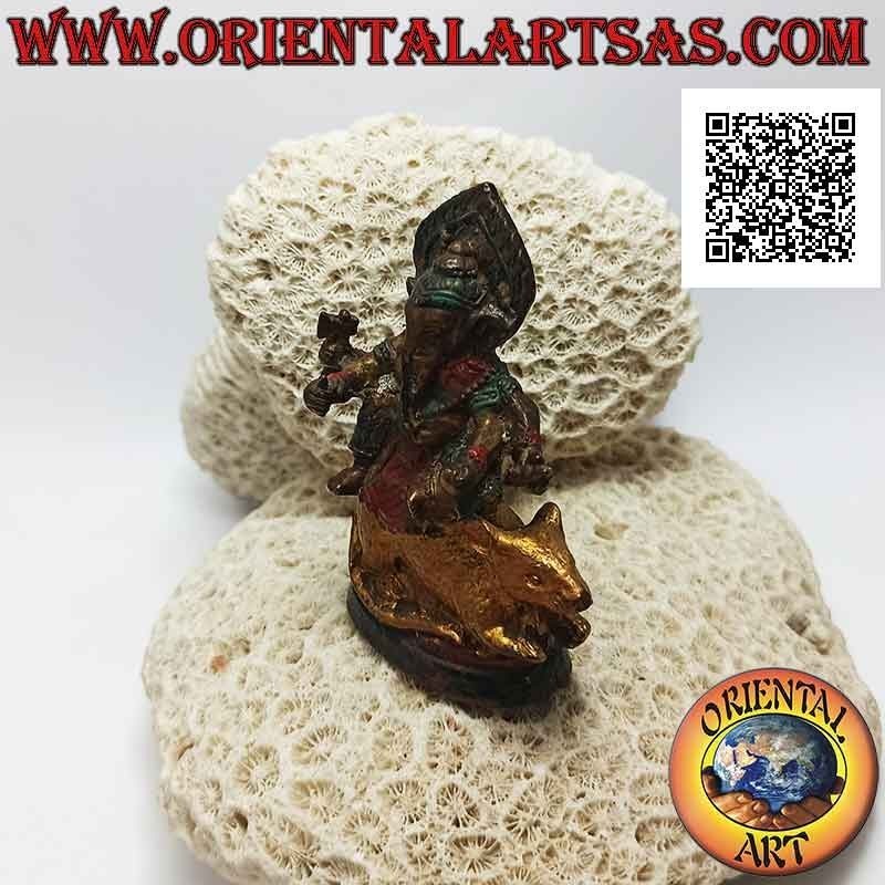 Escultura de ganesh "el dios elefante" sentado en el ratón gigante, latón pintado a mano 7,5 cm
