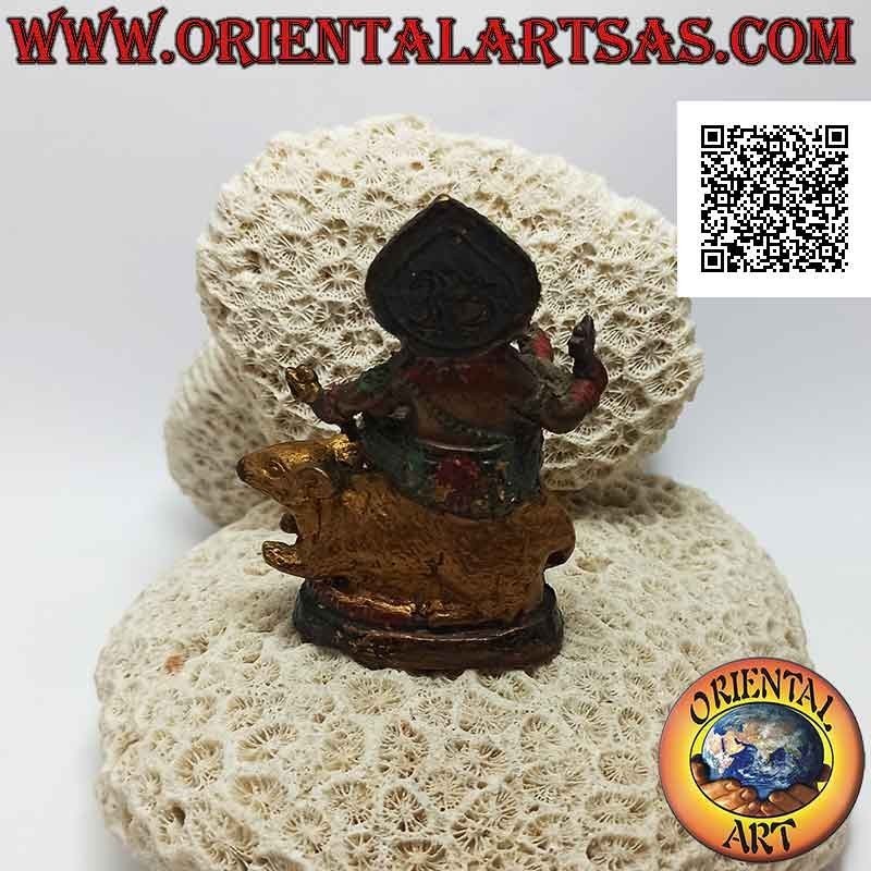 Ganesh Skulptur "der Elefantengott" auf der Riesenmaus sitzend, Messing handbemalt 7,5 cm