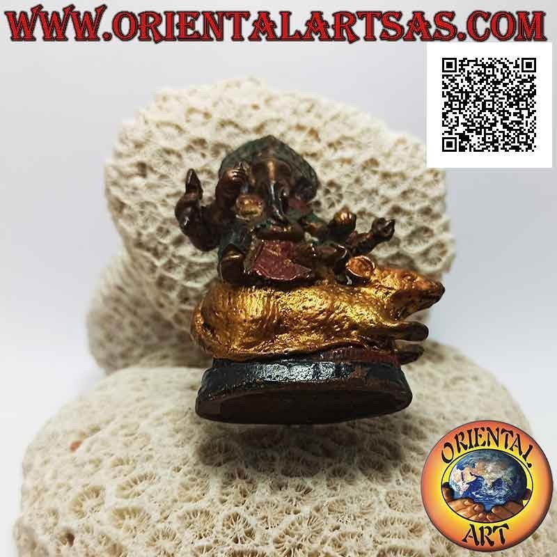 Escultura de ganesh "el dios elefante" sentado en el ratón gigante, latón pintado a mano 7,5 cm