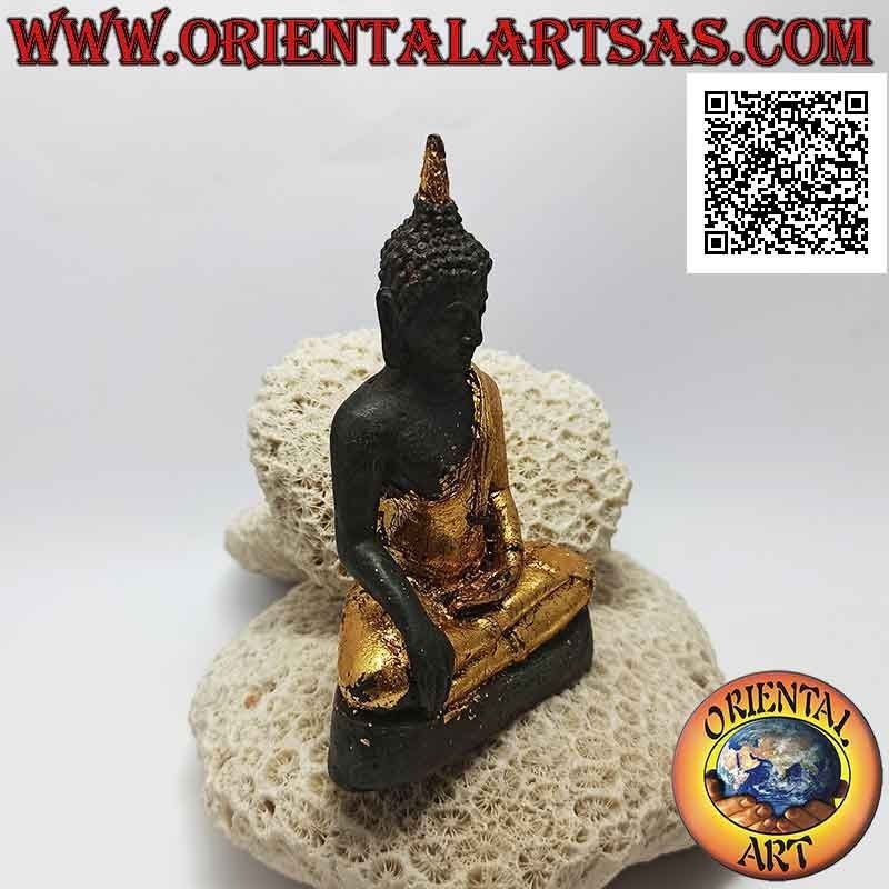 Scultura Buddha "Bhumisparsha Mudra - Sottomettendo il demone Mara" in bronzo con parti di lamine in oro da 12 cm