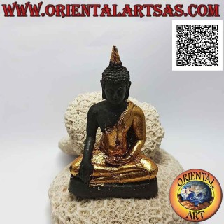 Scultura Buddha "Bhumisparsha Mudra - Sottomettendo il demone Mara" in bronzo con parti di lamine in oro da 12 cm