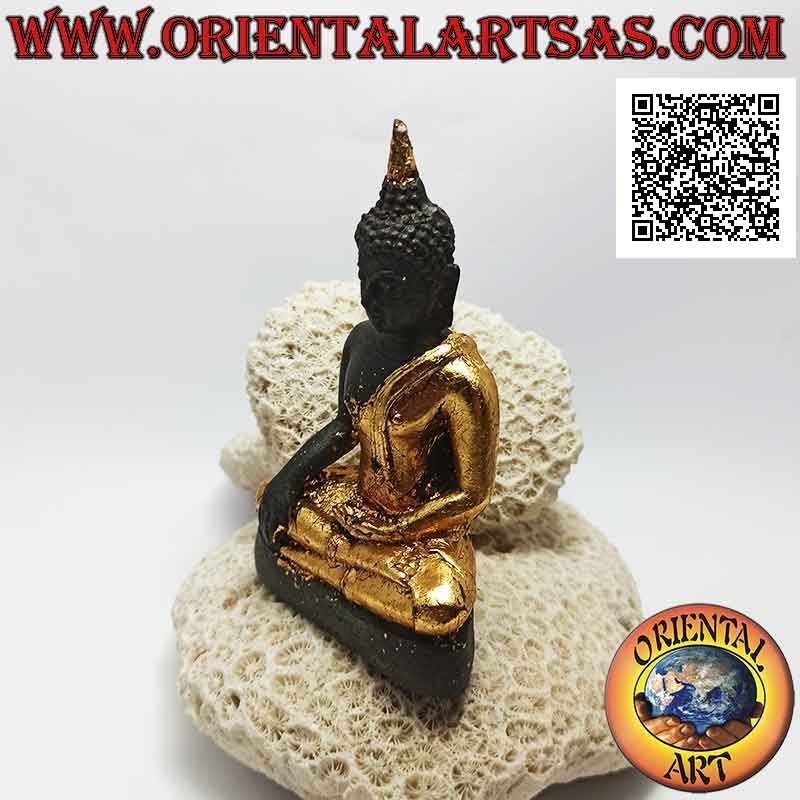 Escultura de Buda "Bhumisparsha Mudra - Sometiendo al demonio Mara" en bronce con partes de lámina de oro de 12 cm