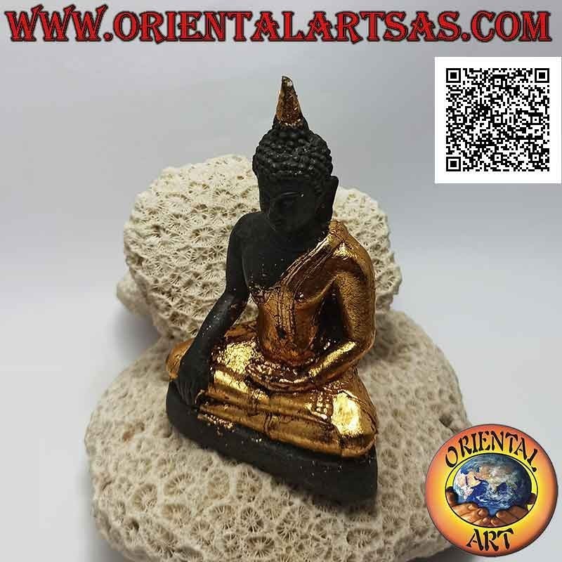 Buddha-Skulptur "Bhumisparsha Mudra - Unterwerfung des Dämons Mara" in Bronze mit Teilen aus 12 cm Goldfolie