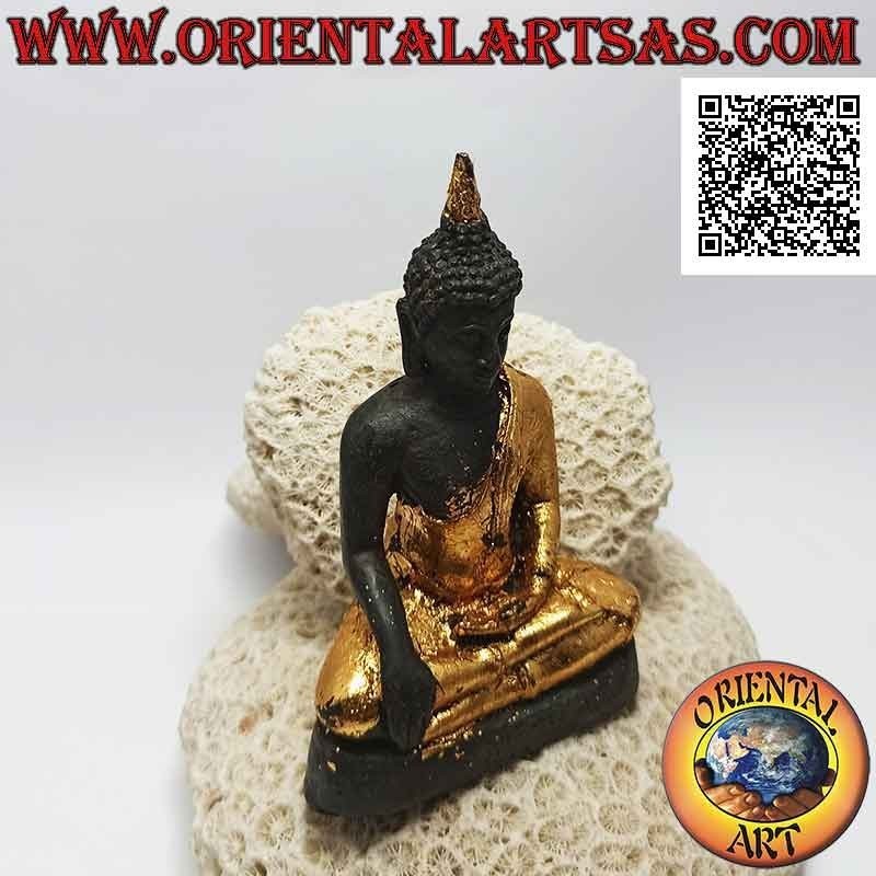 Buddha-Skulptur "Bhumisparsha Mudra - Unterwerfung des Dämons Mara" in Bronze mit Teilen aus 12 cm Goldfolie