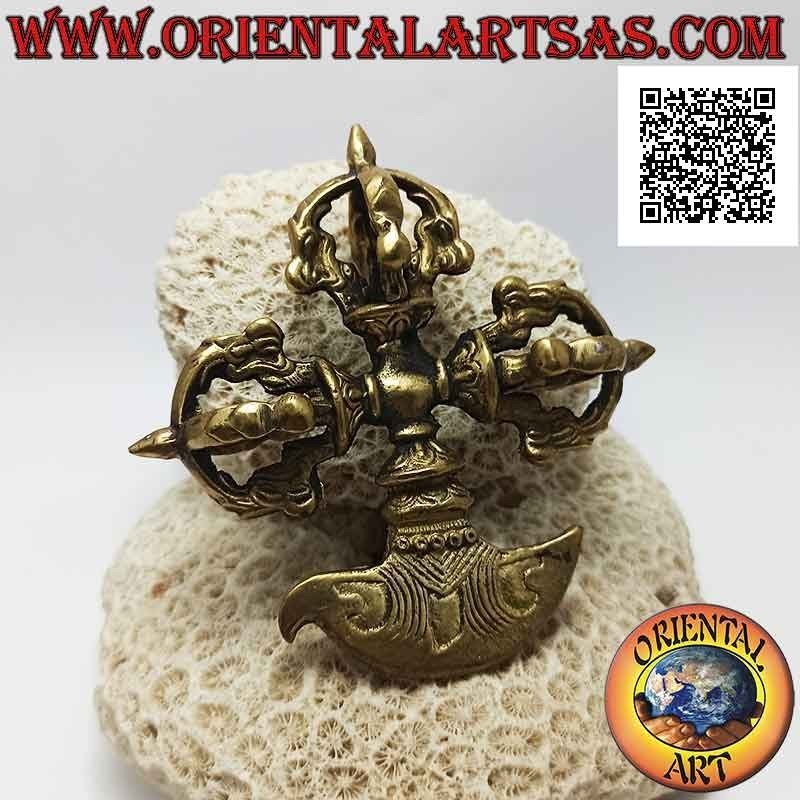 Kartika tibetano (oggetto arma spirituale buddista) con triplo dorje in ottone dorato da 10 cm