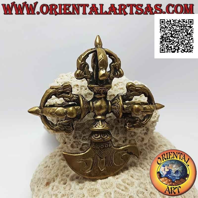 Tibetan kartika (Buddhist spiritual weapon object) with triple dorje in golden brass of 10 cm