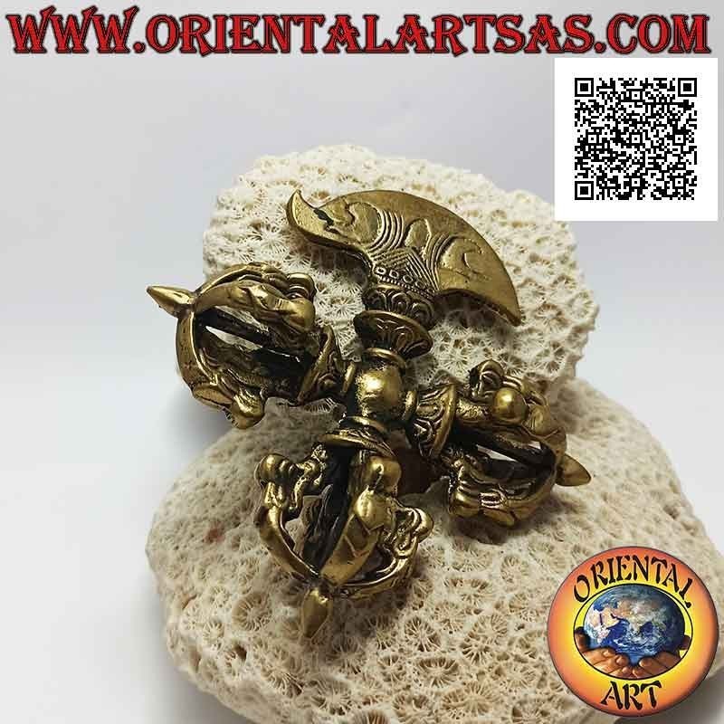 Kartika tibétain (objet arme spirituelle bouddhiste) à triple dorje en laiton doré de 10 cm