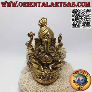 Scultura Ganesh "il Dio elefante" seduto sull'altare col turbante, in ottone dorato da 12 cm