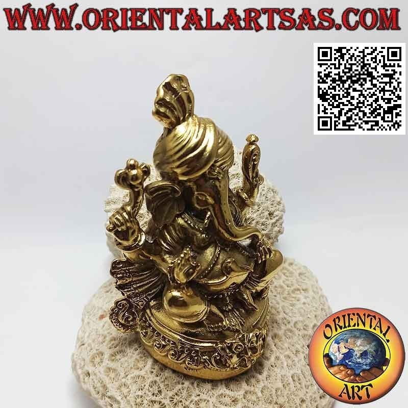 Ganesh Skulptur "der Elefantengott" mit dem Turban auf dem Altar sitzend, aus 12 cm vergoldetem Messing