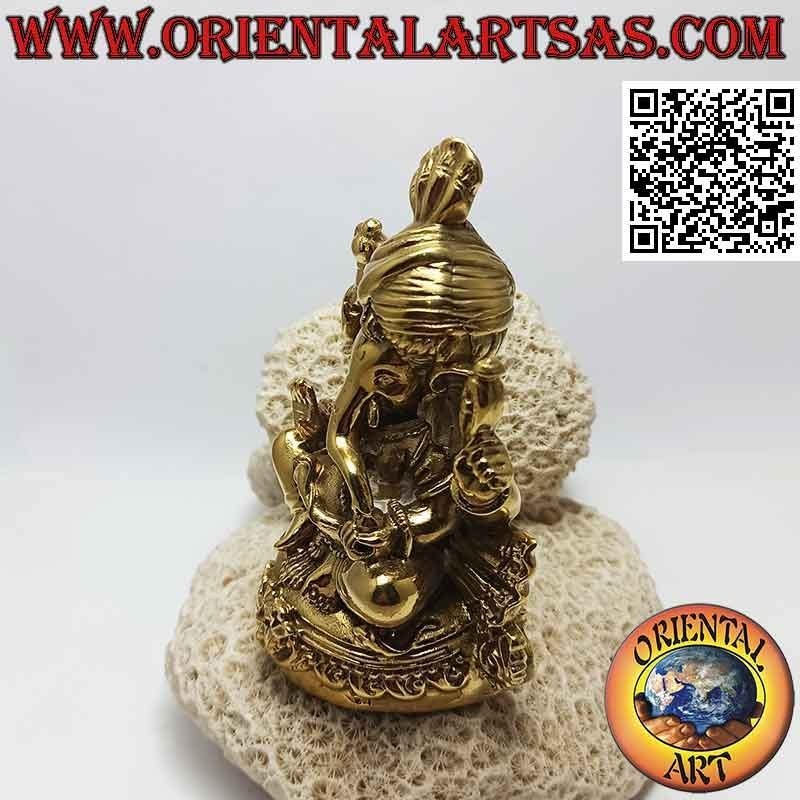 Scultura Ganesh "il Dio elefante" seduto sull'altare col turbante, in ottone dorato da 12 cm