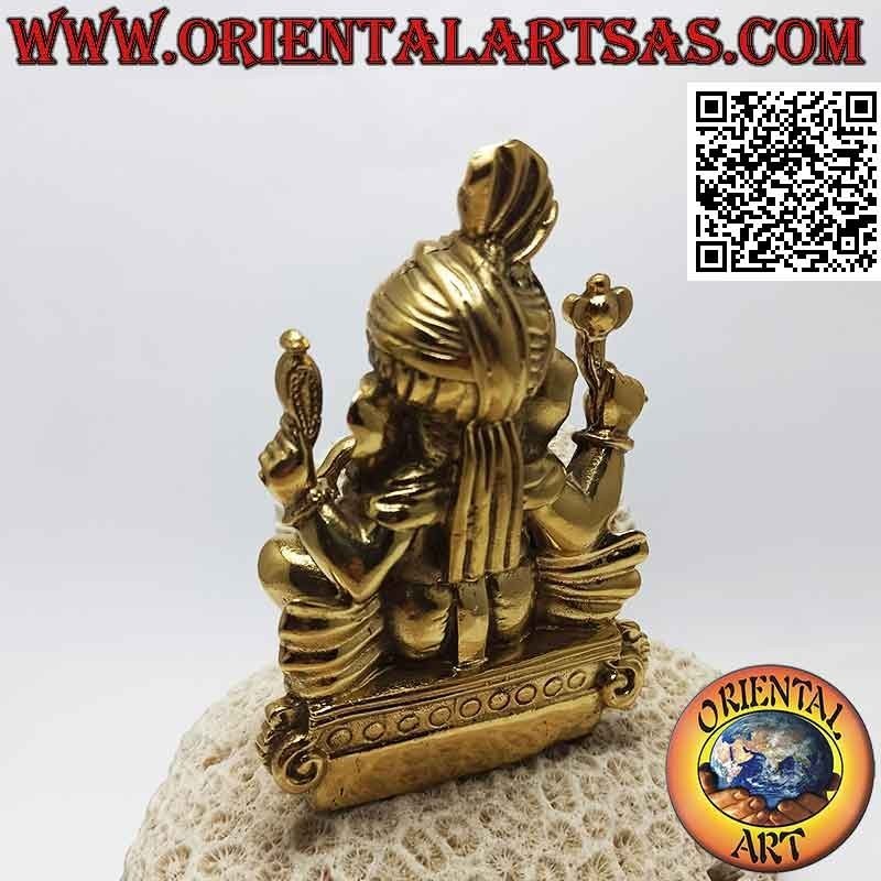 Escultura de Ganesh "el Dios elefante" sentado en el altar con turbante, en latón dorado de 12 cm