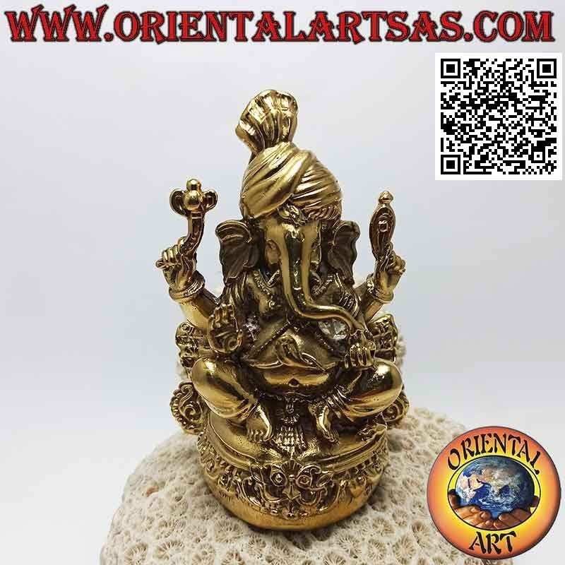 Ganesh Skulptur "der Elefantengott" mit dem Turban auf dem Altar sitzend, aus 12 cm vergoldetem Messing