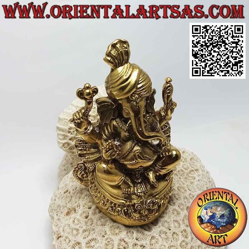 Ganesh Skulptur "der Elefantengott" mit dem Turban auf dem Altar sitzend, aus 12 cm vergoldetem Messing