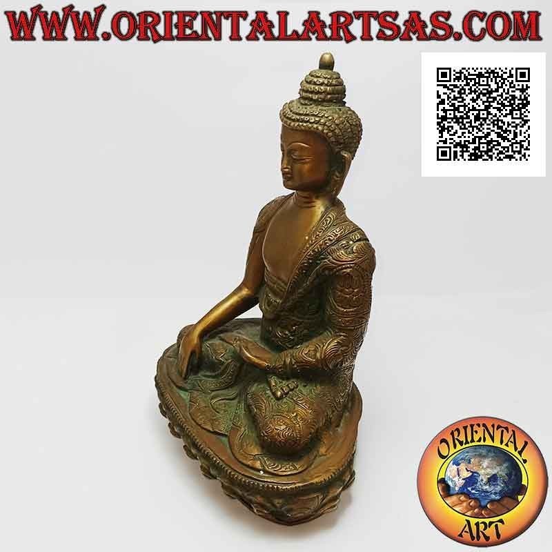 Buddha-Skulptur "Bhumisparsha Mudra - Unterwerfung des Dämons Mara" in Messing 21 cm