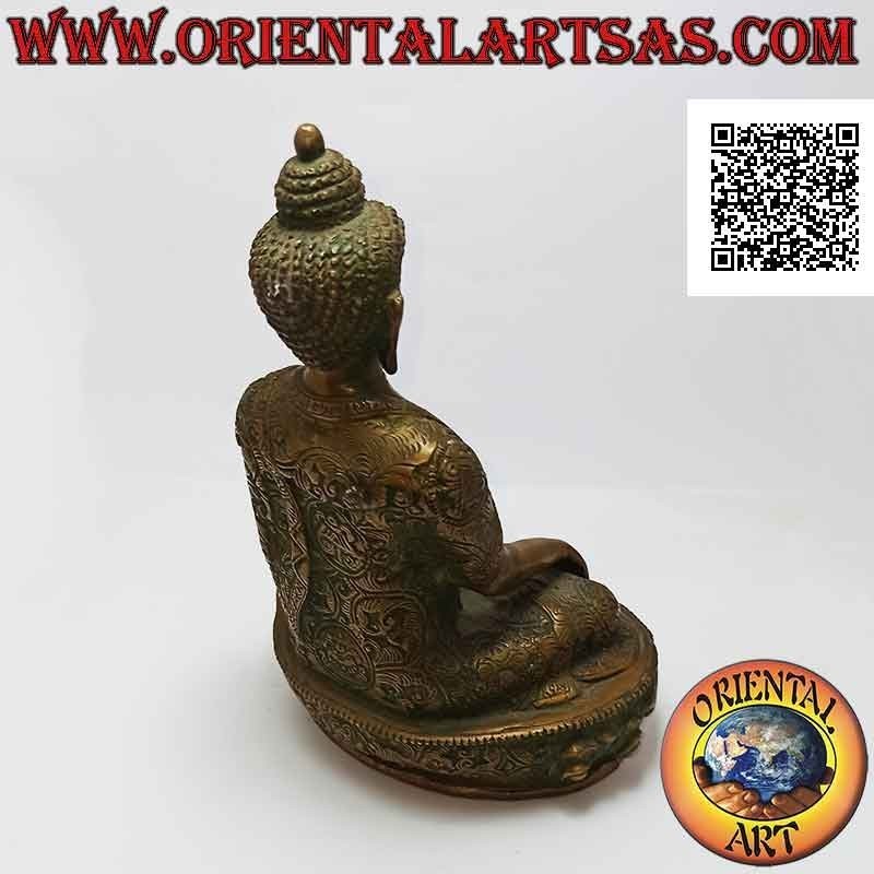 Scultura Buddha "Bhumisparsha Mudra - Sottomettendo il demone Mara" in ottone da 21 cm