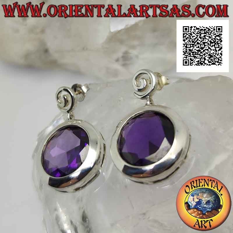 Silver lobe earrings with large round faceted synthetic amethyst with smooth edge wire
