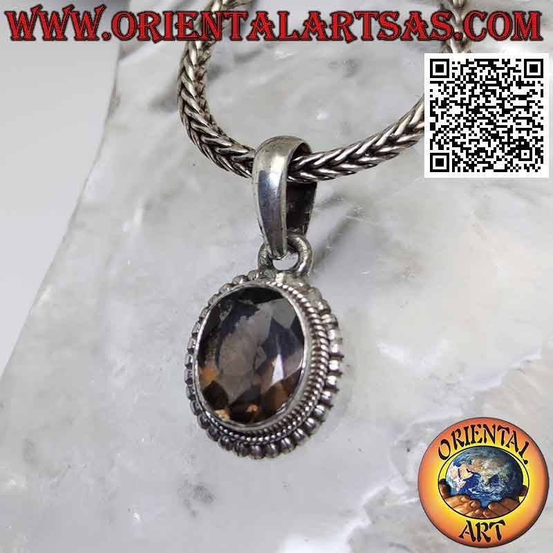 Silver pendant with oval smoky topaz surrounded by weaving