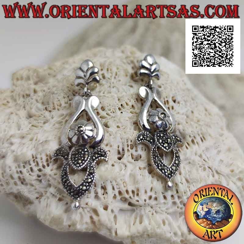 Silver earrings, perforated baroque plate half smooth and half studded with marcasite