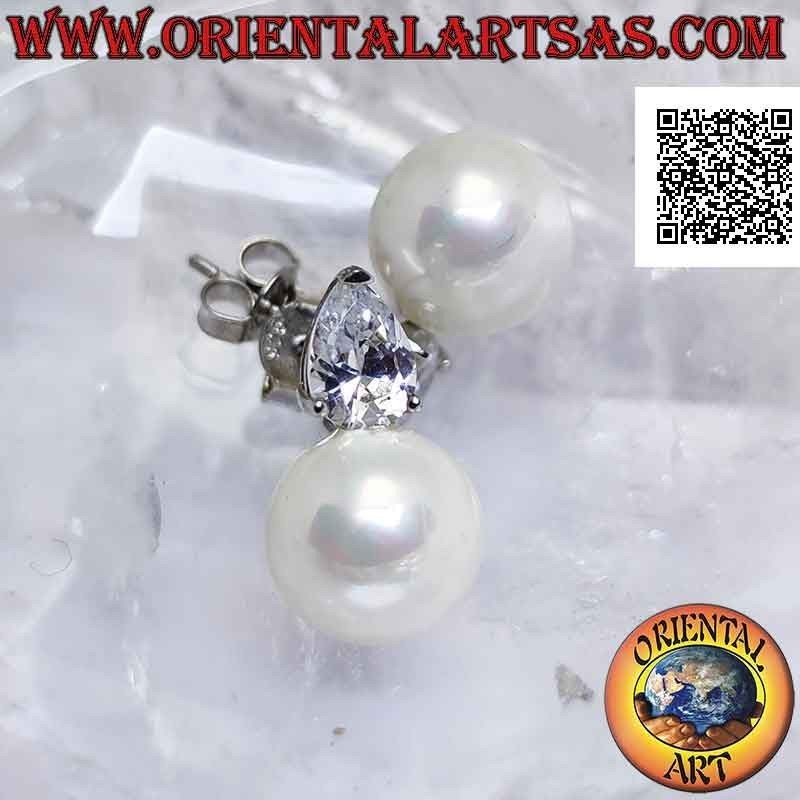 Silberne Lobe-Ohrringe mit weißer Perle und weißem Tropfen-Zirkon-Set