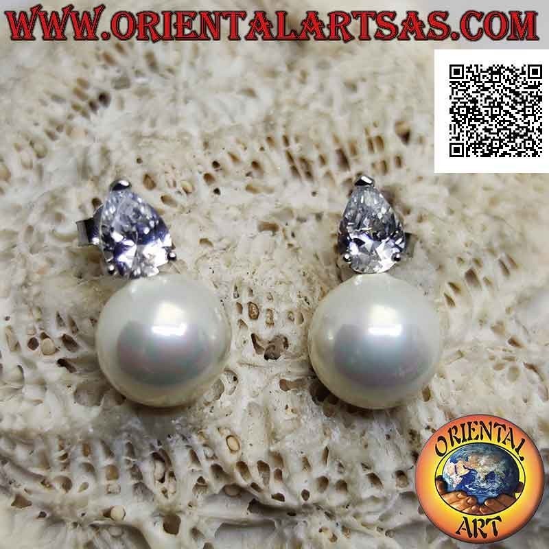 Boucles d'oreilles lobe en argent avec perle blanche et zircons en forme de larme blanche