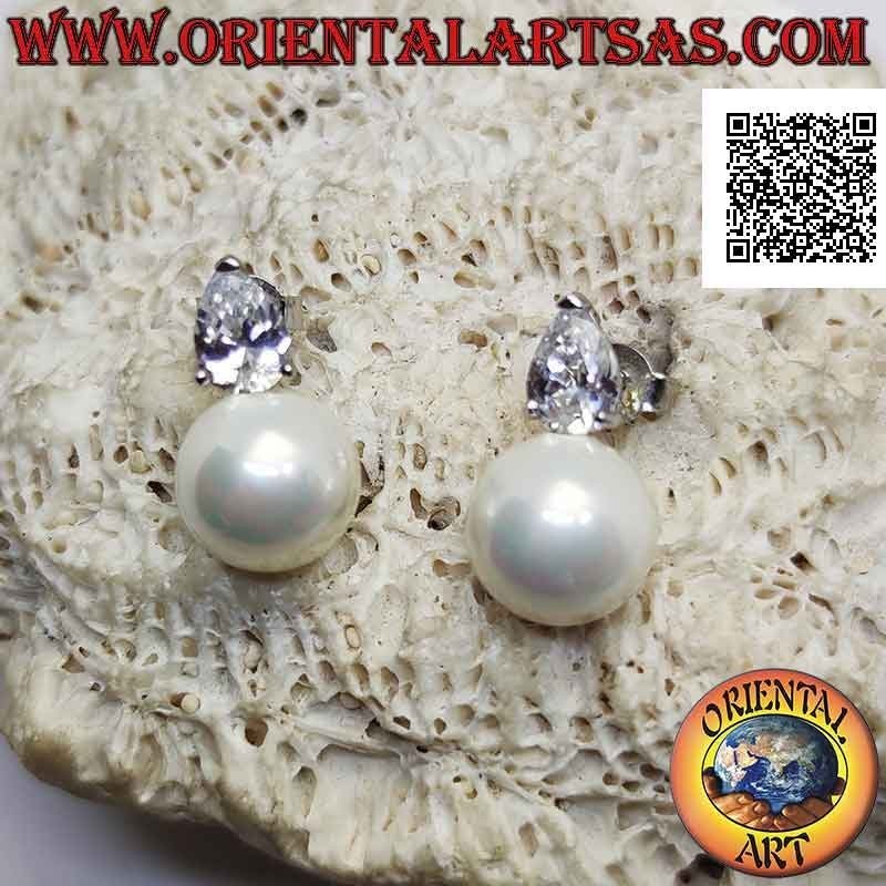 Orecchini in argento da lobo con perla bianca e zircone a goccia bianco incastonato